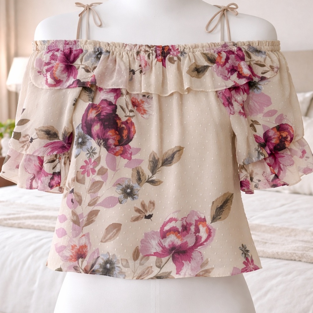 White House Black Market Beige Floral Off-Shoulder Crop Top